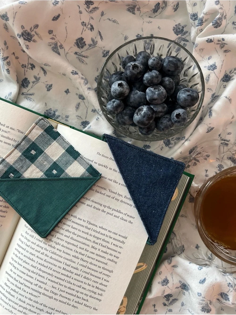 Handmade Green Gingham Navy Denim Corner Bookmark Set